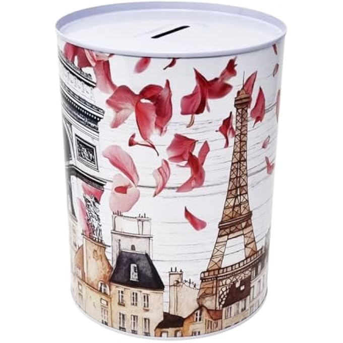 rayihni TIN MONEY BOX PARIS DESIGN CHARACTERISTIC ELEMENTS OF THE CITY AND MONUMENTS EIFFEL TOWER NOTRE DAME ARC DE TRIOMPHE IN METAL, UNOPENABLE TIN 16 X 13 CM - Image 1